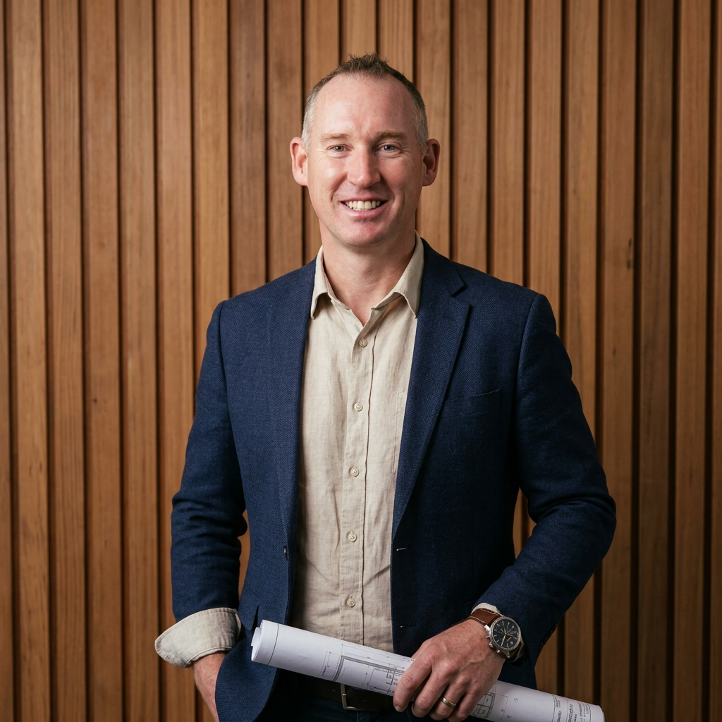 Sentinel Homes founder at the door of an award-winning home